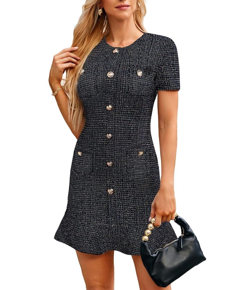 GRACE KARIN Damen Kurzarm Tweed Bodycon Minikleid mit Taschen, Rüschensaum und Rundhalsausschnitt – ideal als Bürokleid