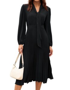 GRACE KARIN Damen Langarm Teekleid mit V-Ausschnitt, Fliege und gesmoktem Rücken, verstecktem Reißverschluss