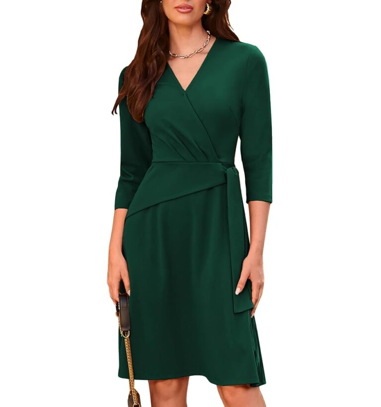 GRACE KARIN Damen Midikleid mit Wickeloptik, V-Ausschnitt, 3/4-Ärmeln und A-Linie, Rückenzipper Kleid