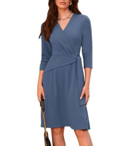 GRACE KARIN Damen Midikleid Wickelkleid mit V-Ausschnitt, 3/4-Ärmeln, A-Linien-Schnitt und Reißverschluss im Rücken