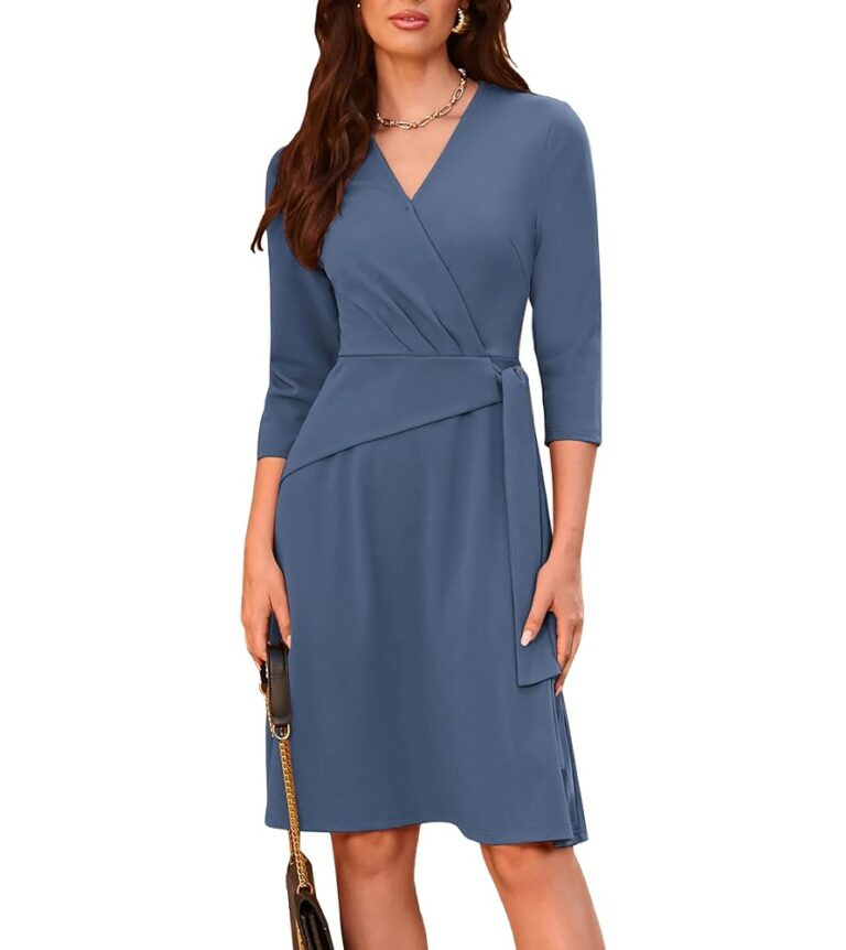 GRACE KARIN Damen Midikleid Wickelkleid mit V-Ausschnitt, 3/4-Ärmeln, A-Linien-Schnitt und Reißverschluss im Rücken