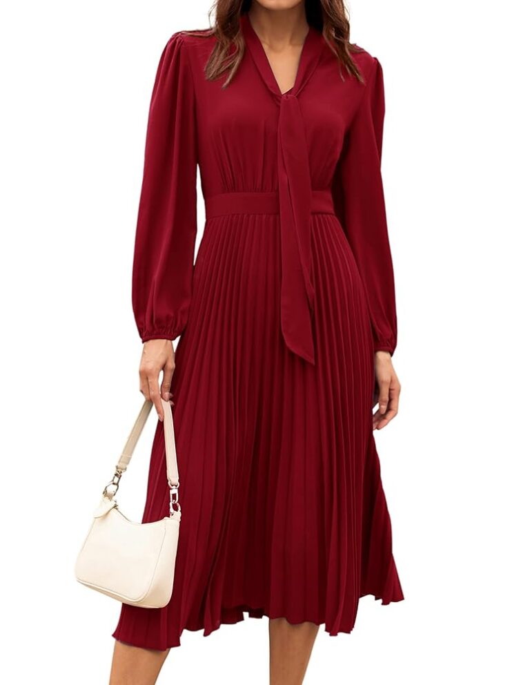 GRACE KARIN Damen Teekleid mit Fliege, V-Ausschnitt, langen Ärmeln, gesmoktem Rücken und verstecktem Reißverschluss