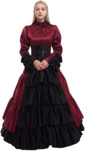 GRACEART Damen mittelalterliches viktorianisches Kostüm im Vintage-Stil mit Rüschen, Krinoline und Gürtel (Weinrot, XX-Large)