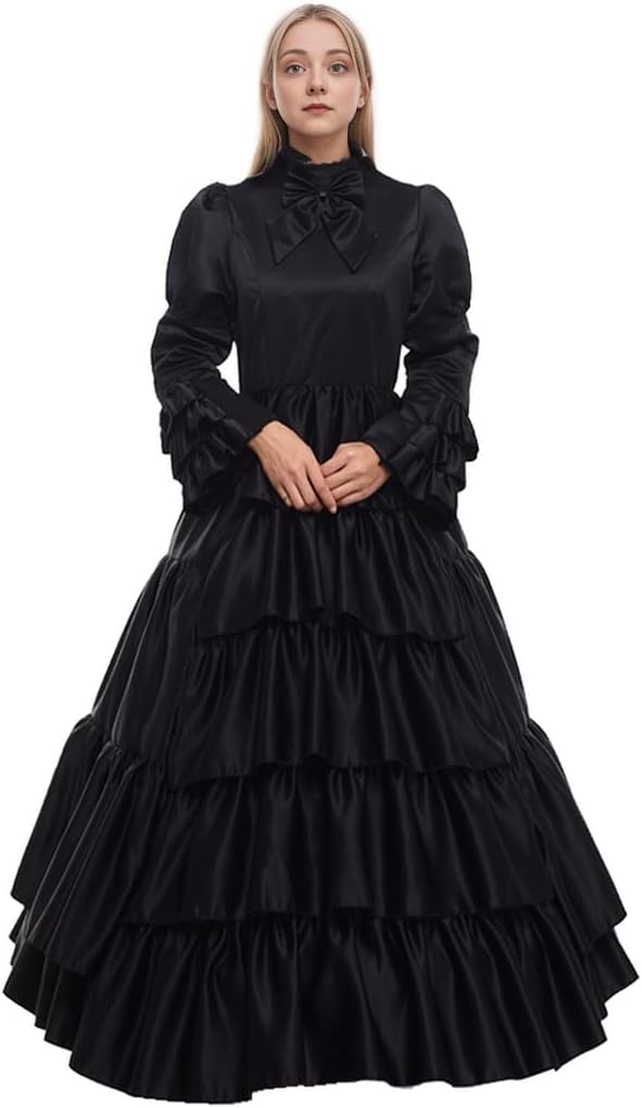 GRACEART Damen mittelalterliches viktorianisches Kostüm mit Rüschen – Elegantes Vintage-Kleid mit Krinoline und Gürtel (Schwarz, XX-Large)