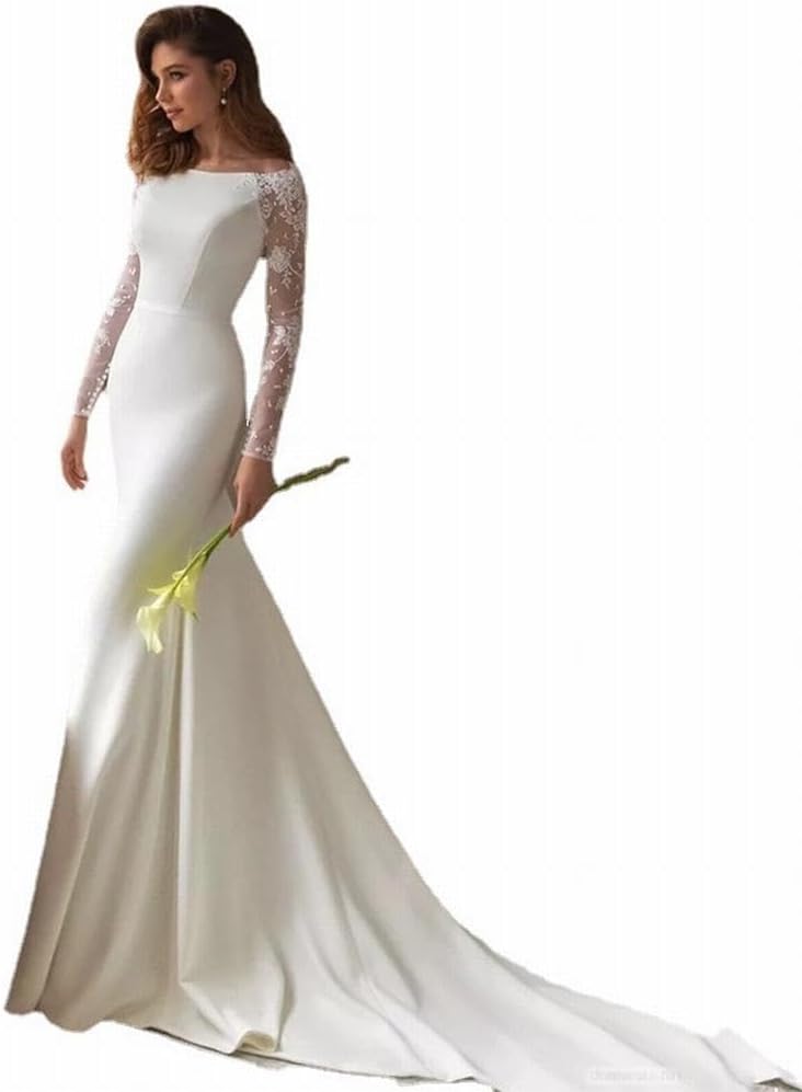 GXBHSP Langärmeliges Hochzeitskleid im minimalistischen Stil mit U-Ausschnitt und Fischschwanz-Design