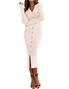 HAEOF Elegantes Damen-Midi-Pulloverkleid für den Herbst 2024, lässig und schick, mit V-Ausschnitt, gerippt, ideal für den Winter, figurbetont und formal