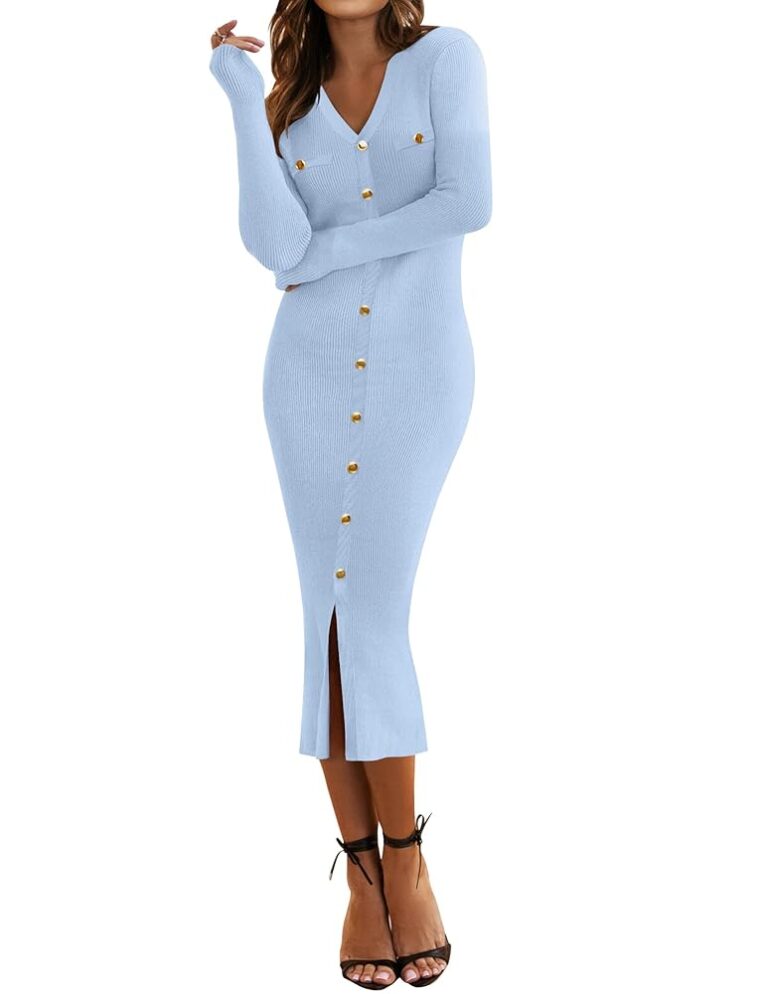 HAEOF Stilvolles Midi-Pulloverkleid für Damen im Herbst 2024, elegant und lässig, mit V-Ausschnitt, geripptem Design, ideal für den Winter und formelle Anlässe, figurbetont