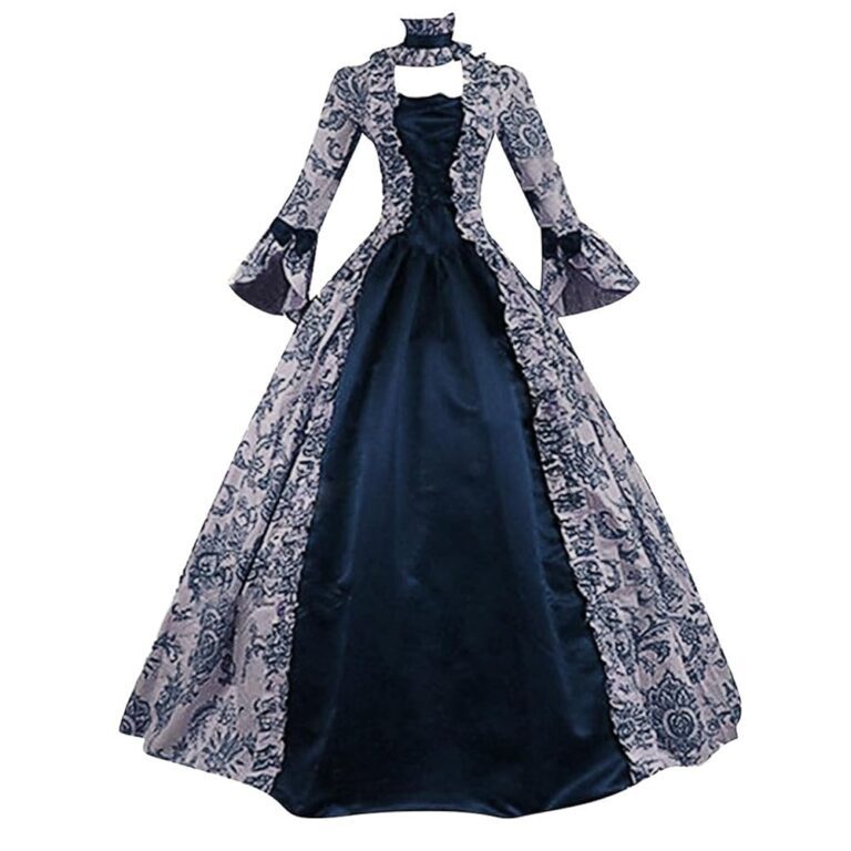 Halloween Kleid für Damen im mittelalterlichen Stil – Lang, große Größen, bodenlanges Barock-Kostüm, Vintage Gothic Kleidung im Retro Rokoko-Design, Hexenkostüm in Weiß/Schwarz