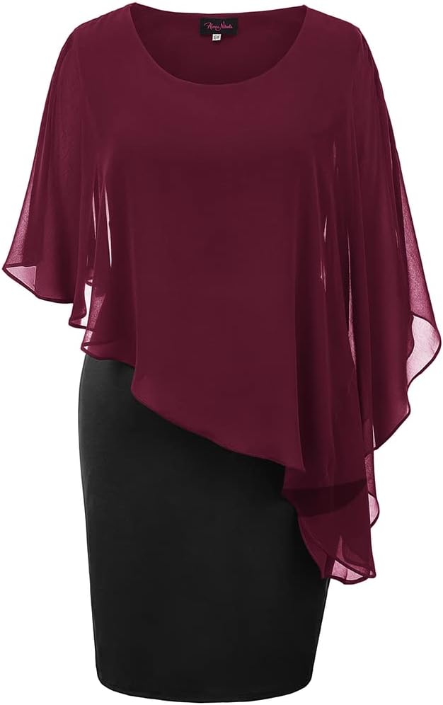 Hanna Nikole Damen Plus Size Chiffon Cape Cocktailkleid Knielang Abendkleid mit Überwurf