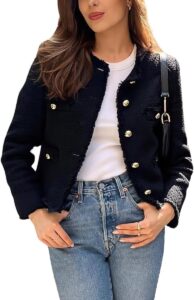hathne Damen Tweed-Blazer, lässige langärmelige Jacke mit Knöpfen, cropped Mantel und Tops mit Taschen