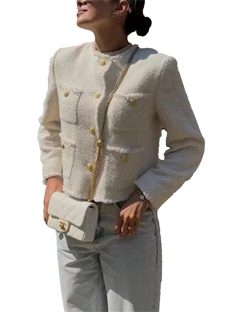 Hathne Damen Tweed-Blazer, lässige langärmelige Jacke mit Knopfleiste, cropped Mantel-Tops mit Taschen