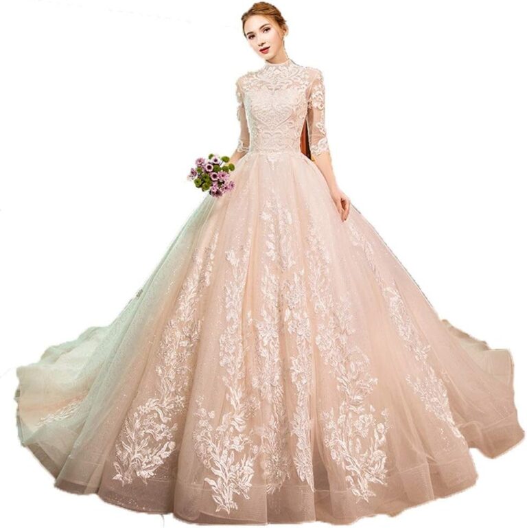 Hochzeitskleid für Frauen mit halben Ärmeln, Blumen-Spitze, Applikationen, Mesh und Tüll, lange Schleppe, Prinzessinnen-Stil, ATAAY, Weiß, Größe XXL