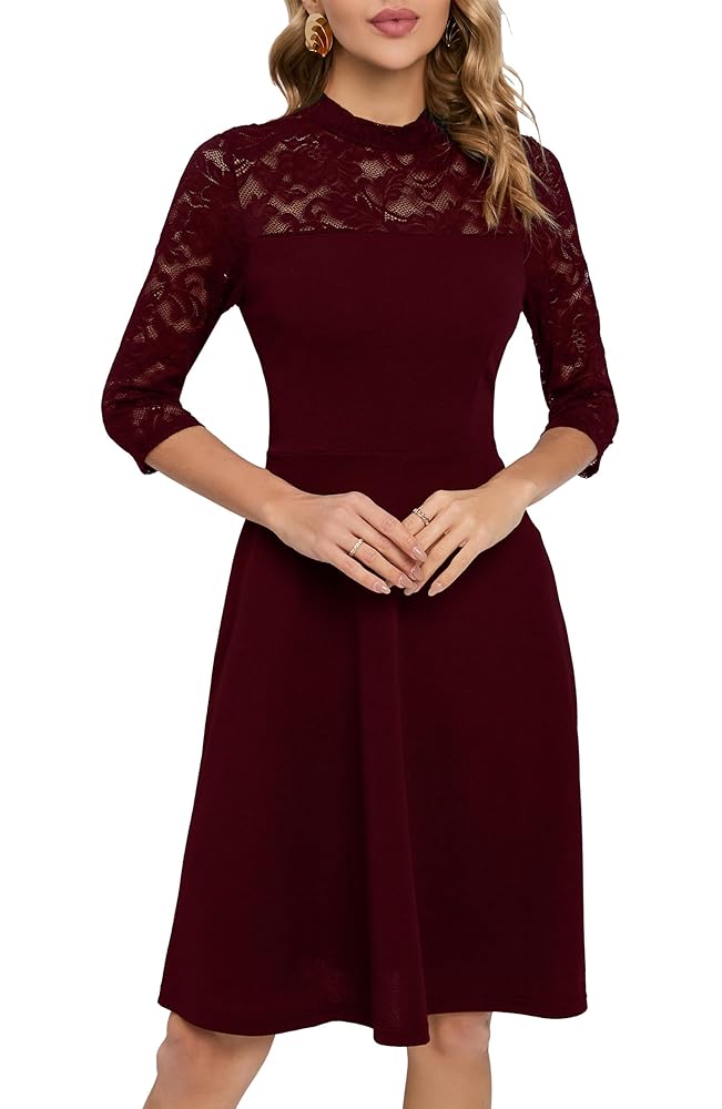 HOMEYEE Damen Elegantes Spitzenkleid mit 3/4-Ärmeln im Rockabilly-Stil – Knielanges Cocktailkleid für Hochzeiten A368