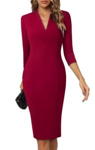 HOMEYEE Damen Elegantes V-Ausschnitt 3/4-Ärmel Cocktail Retro Bodycon Bleistiftkleid Business Midi Etuikleid B760
