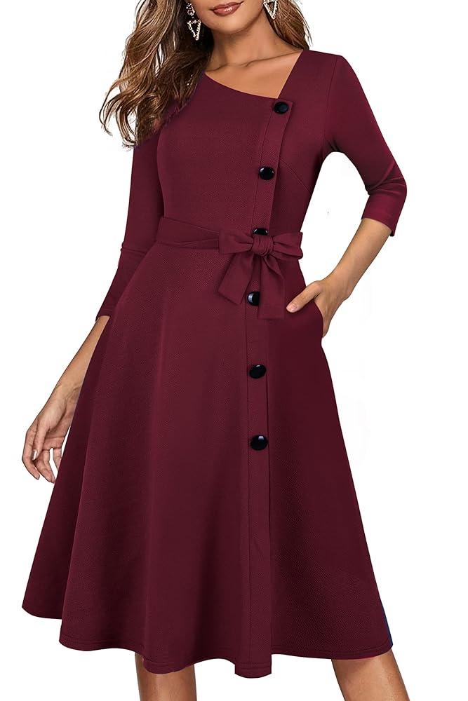 HOMEYEE Damen Elegantes V-Ausschnitt Kleid mit 3/4 Ärmeln, knielang, Vintage-Stil, ideal für Hochzeiten und Partys, mit Taschen – Modell A250
