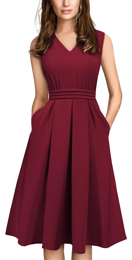 HOMEYEE Damen Vintage 50er Jahre Ärmelloses Cocktailkleid im Retro-Stil mit Taschen und ausgestelltem Rock A196 (M, Dunkelrot)