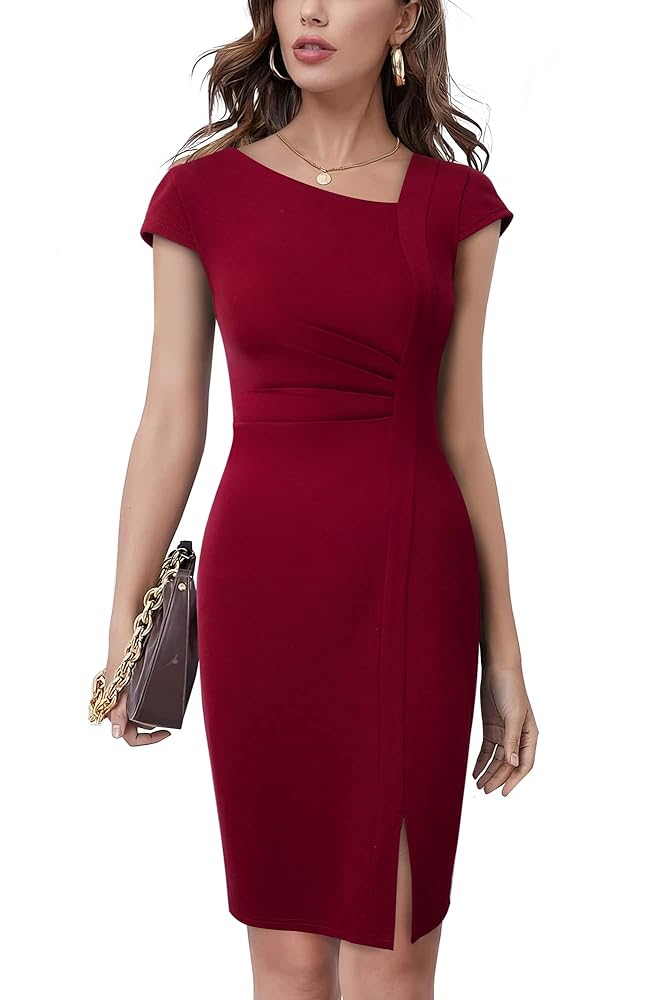 HOMEYEE Damen Vintage Bleistiftkleid mit V-Ausschnitt und Schlitz - Business Style B700