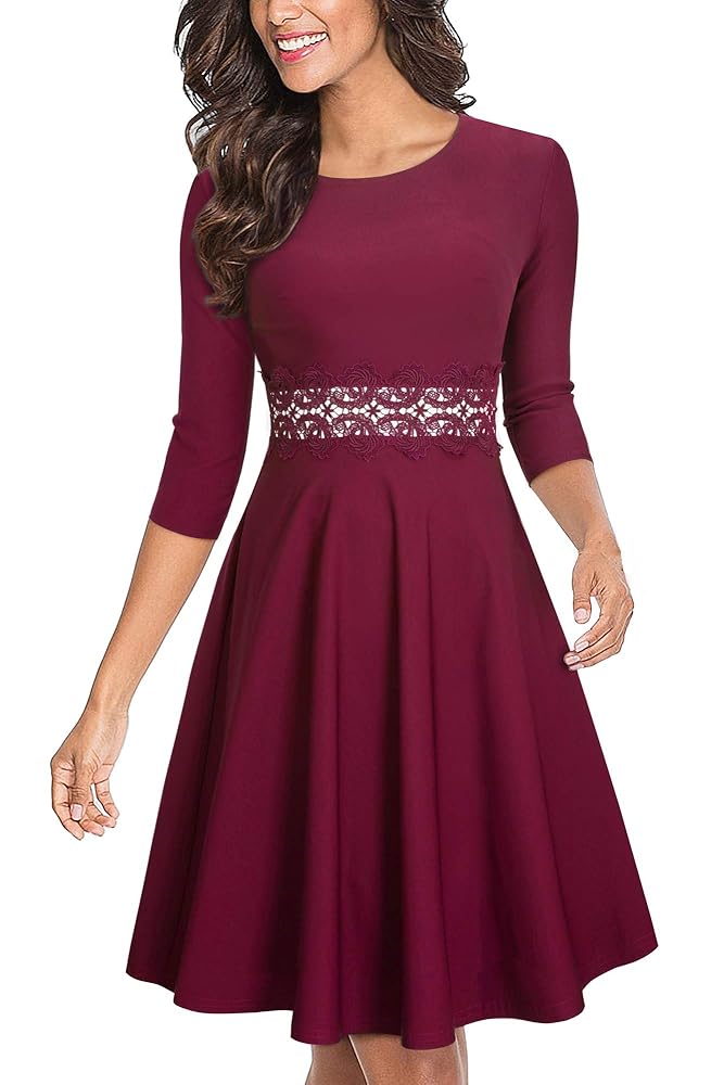 HOMEYEE Damen Vintage Blumenbesticktes Kleid mit Rundhalsausschnitt, knielang und elegant, Modell UKA079