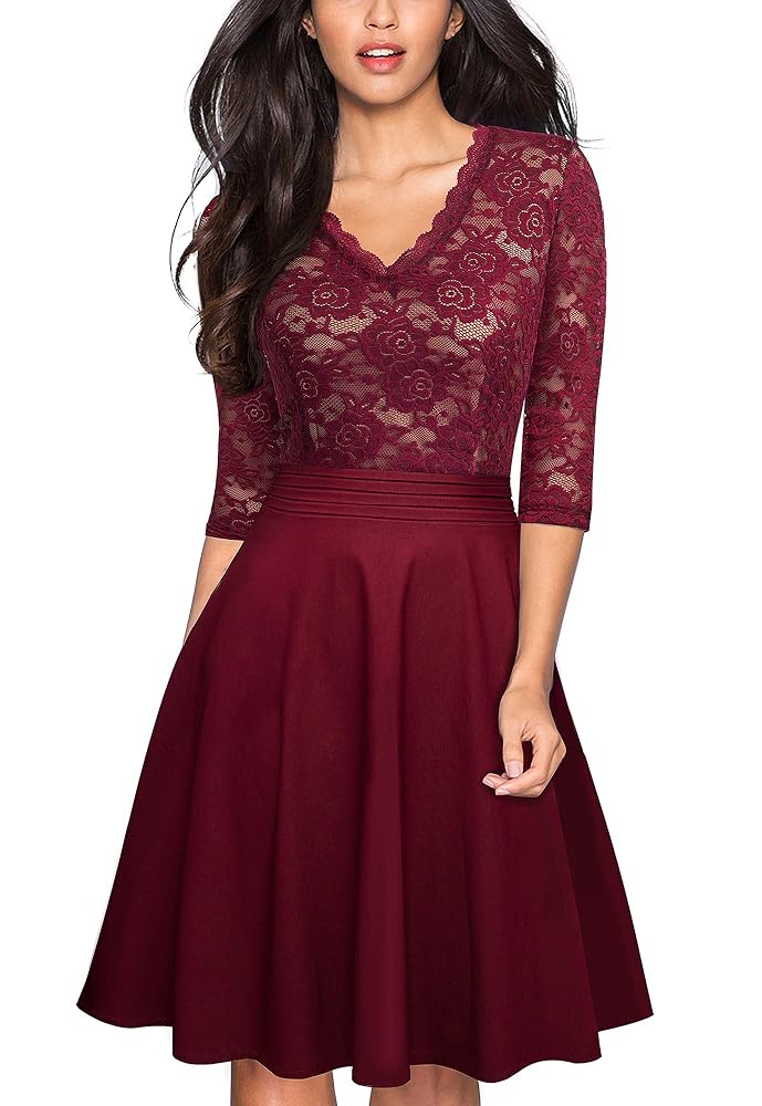 HOMEYEE Damen Vintage Cocktailkleid mit 3/4 Ärmeln, floralen Spitzenstickereien und ausgestelltem Schnitt A062