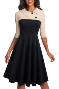 HOMEYEE Damen Vintage Houndstooth Patchwork Swing Kleid mit Revers und Colorblock A121