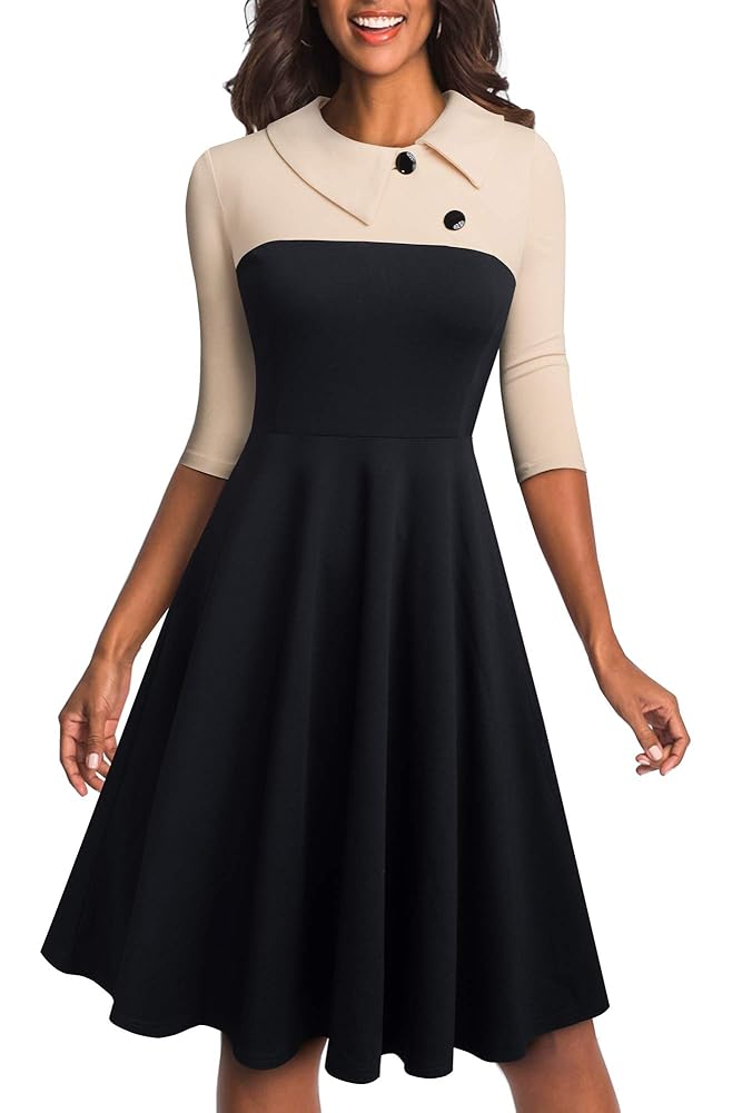 HOMEYEE Damen Vintage Houndstooth Patchwork Swing Kleid mit Revers und Colorblock A121