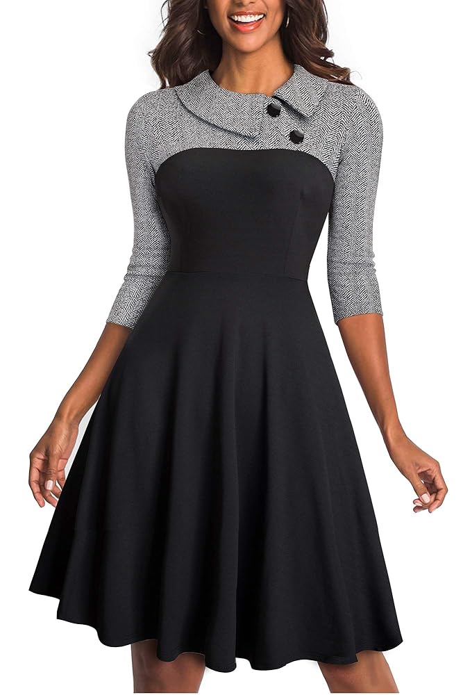 HOMEYEE Damen Vintage Swing Kleid mit Revers, Colorblock und Hahnentrittmuster A121