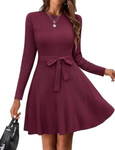 Hotouch Damen Pulloverkleid mit langen Ärmeln, Rundhalsausschnitt, lässigem A-Linien-Schnitt, elegantem Strickdesign, Winterkleid mit Gürtel, Midikleid