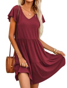 Hotouch Damen Sommerkleid Freizeitkleid Einfarbig V-Ausschnitt Strandkleid mit Rüschen Kurzarm Knielang Lockeres A-Linien Kleid mit Tasche