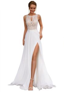 HUINI Vintage Brautkleid für das Standesamt mit langen Ärmeln, Boho-Spitze und A-Linie sowie Schleppe