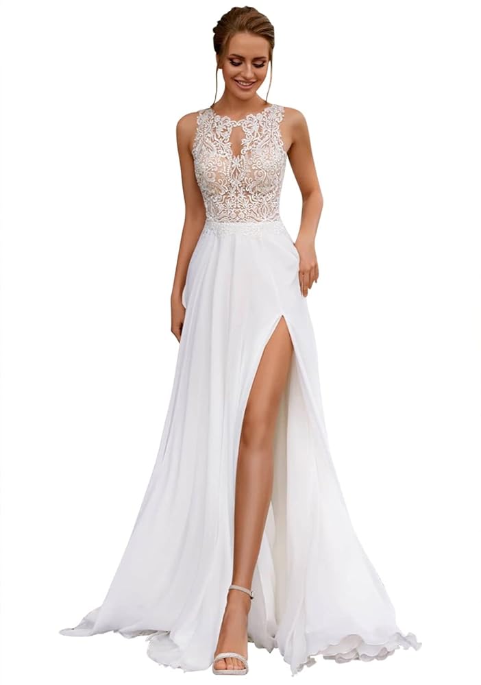 HUINI Vintage Brautkleid für das Standesamt mit langen Ärmeln, Boho-Spitze und A-Linie sowie Schleppe