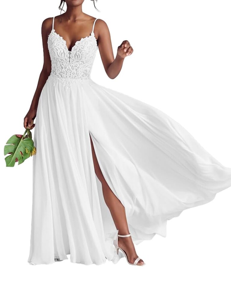 JAEDEN Damen Boho Brautkleid mit Spaghettiträgern aus Spitze für den Strand – A-Linie Tüll Hochzeitskleid
