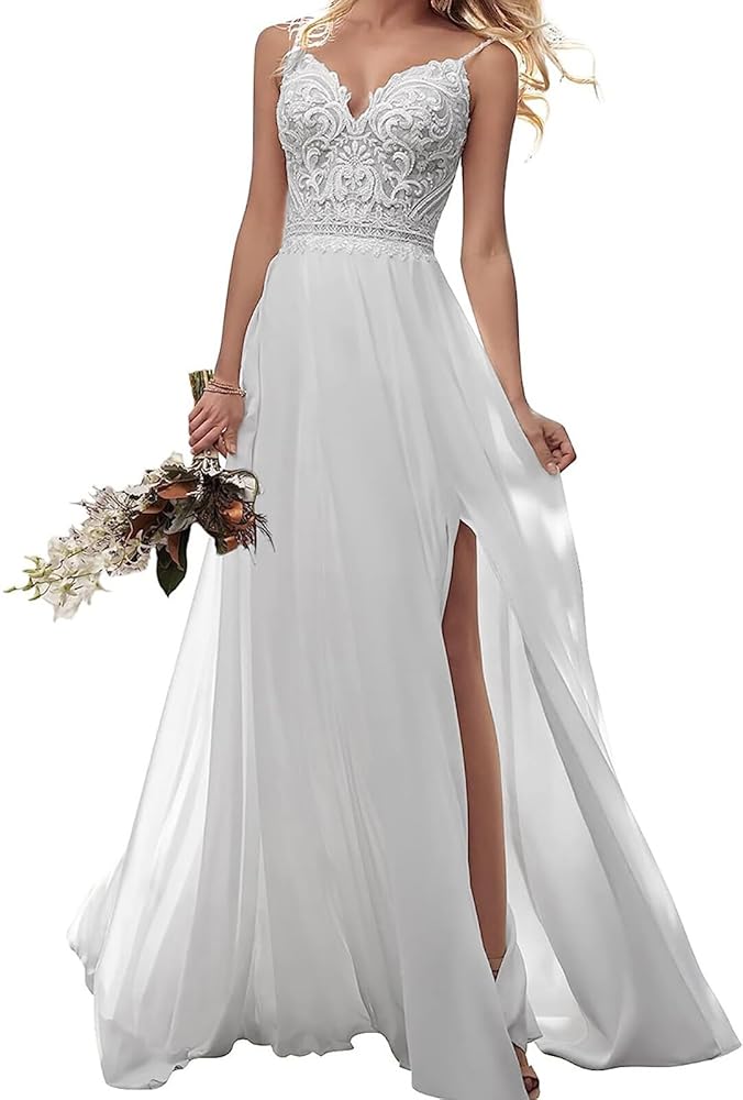 JAEDEN Damen Boho Brautkleider A-Linie mit Spitze und Spaghettiträgern für standesamtliche Trauungen