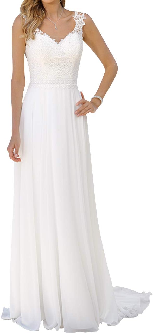 JAEDEN Damen Hochzeitskleid Lang A-Linie Boho Stil Strandkleid mit Spitze und Chiffon, V-Ausschnitt