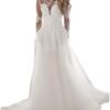 JAEDEN Damen Hochzeitskleid mit Spitze in A-Linie, Tüll, für Standesamt, langärmlig
