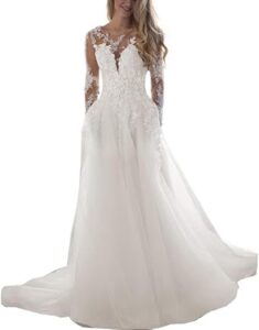 JAEDEN Damen Hochzeitskleid mit Spitze in A-Linie, Tüll, für Standesamt, langärmlig