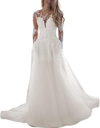 JAEDEN Damen Hochzeitskleid mit Spitze in A-Linie, Tüll, für Standesamt, langärmlig