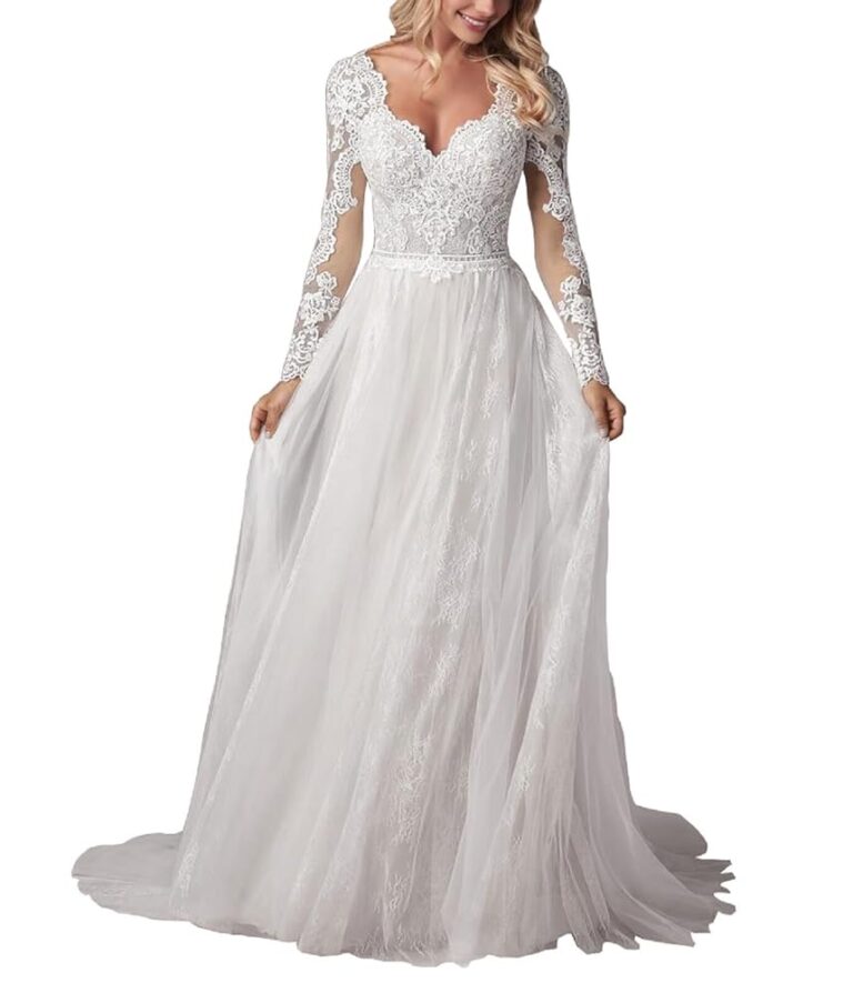 JAEDEN Langarm Boho Brautkleid aus Spitze und Tüll mit V-Ausschnitt – A-Linie Standesamtkleid für die Brautmode