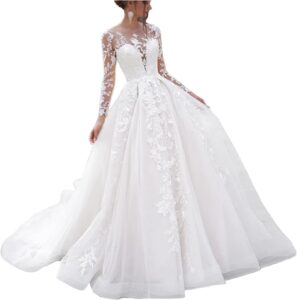 JAEDEN Langarm Brautkleid aus Spitze im Prinzessin-Stil – A-Linie Hochzeitskleid für standesamtliche Trauungen mit Schleppe