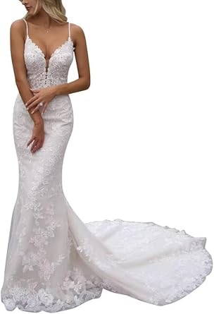 JAEDEN Spitzen-Spaghettiträger Brautkleid im Meerjungfrau-Stil mit Schleppe – Elegantes Hochzeitskleid für das Standesamt