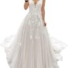 JAEDEN V-Ausschnitt Spitzen-Brautkleid für Damen, A-Linie Tüll Hochzeitskleid mit Schleppe für standesamtliche Trauung