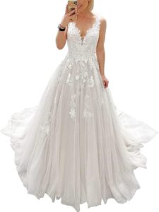 JAEDEN V-Ausschnitt Spitzen-Brautkleid für Damen, A-Linie Tüll Hochzeitskleid mit Schleppe für standesamtliche Trauung