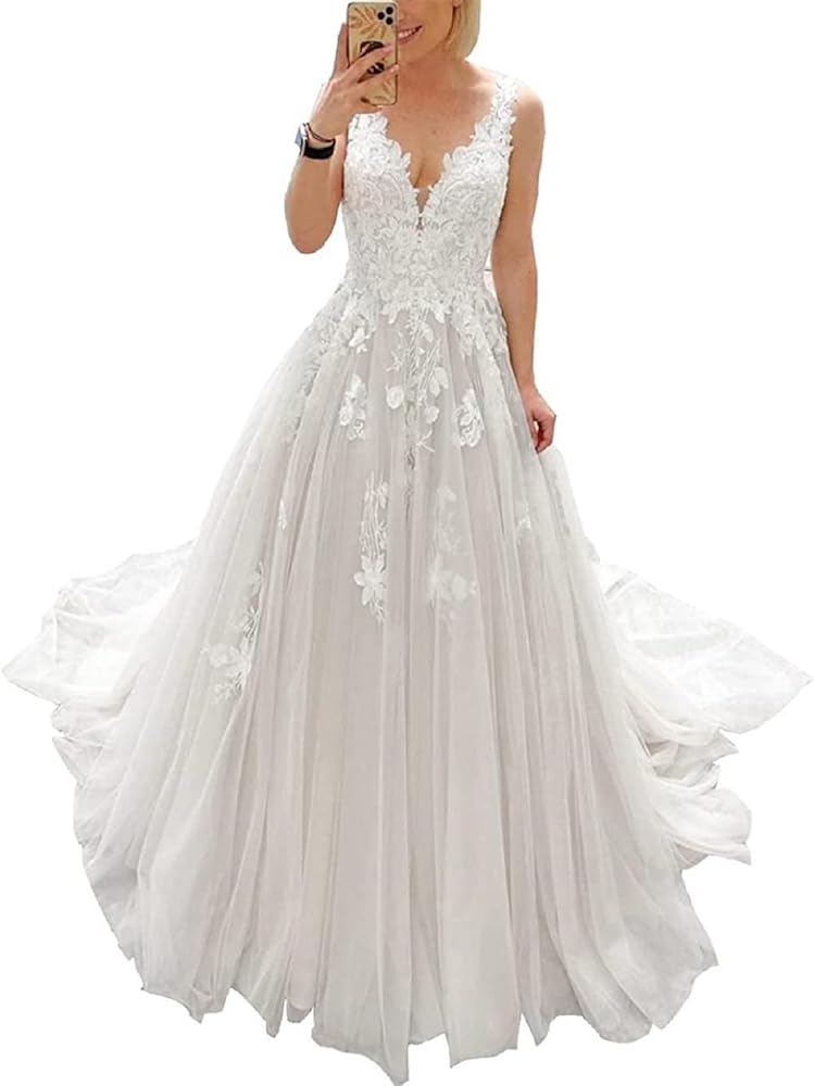 JAEDEN V-Ausschnitt Spitzen-Brautkleid für Damen, A-Linie Tüll Hochzeitskleid mit Schleppe für standesamtliche Trauung
