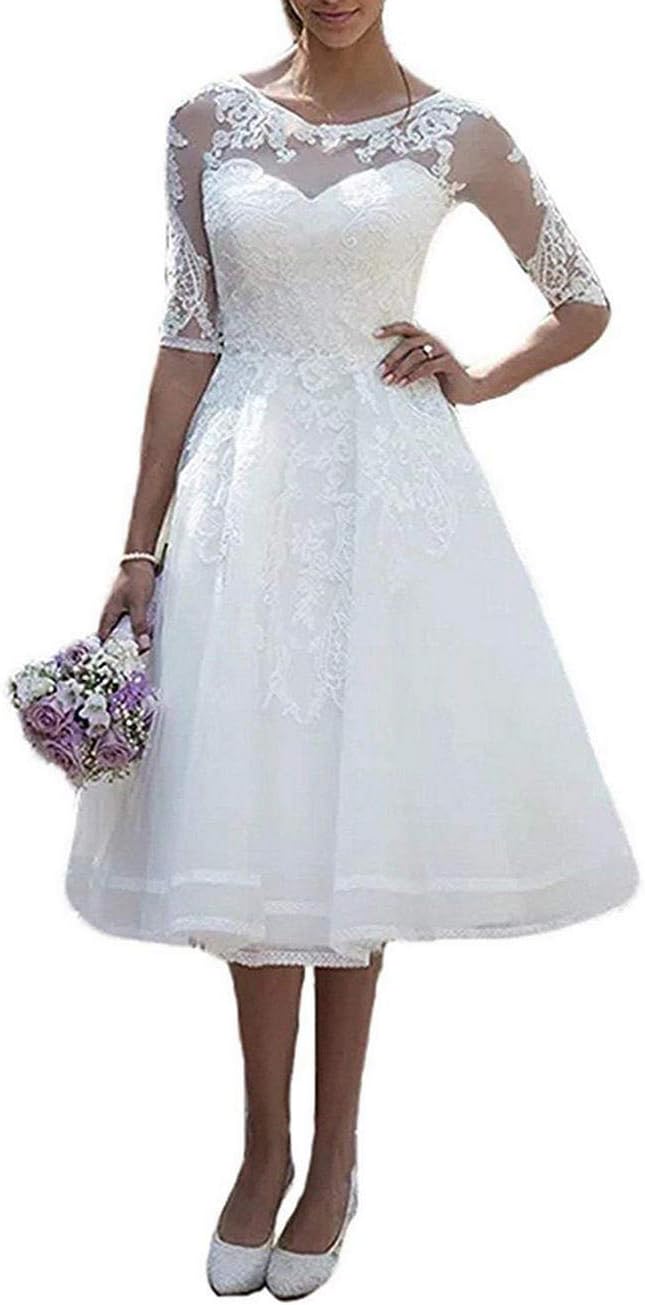 JAEDEN Vintage Brautkleid Damen Knielang mit Ärmeln aus Spitze für standesamtliche Trauungen