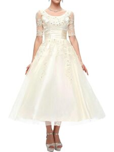 JAEDEN Vintage Hochzeitskleid für Damen - Knielanges Spitzenkleid mit Ärmeln für standesamtliche Trauungen