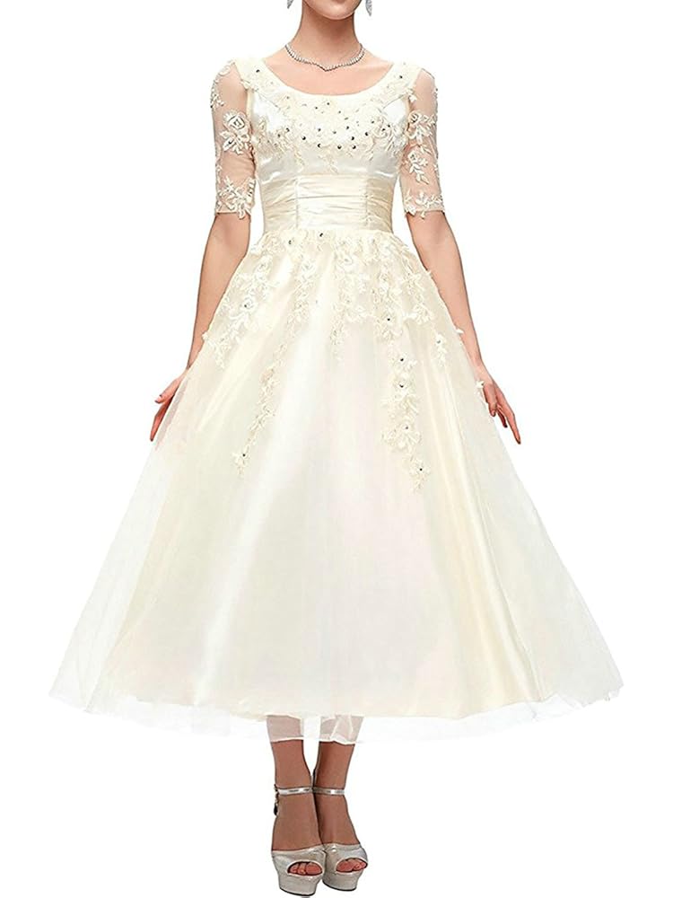 JAEDEN Vintage Hochzeitskleid für Damen - Knielanges Spitzenkleid mit Ärmeln für standesamtliche Trauungen