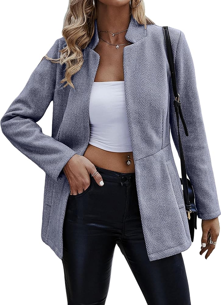 Jhsnjnr Damen Eleganter Offener Blazer mit Stehkragen und langen Ärmeln - Warmer Tweed-Mantel für Business-Anlässe