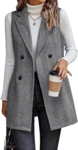 Juankrynord Damen Ärmellose Tweed Weste mit Revers und Knopfleiste – Lange Herbstjacke, ärmellose Anzugjacke