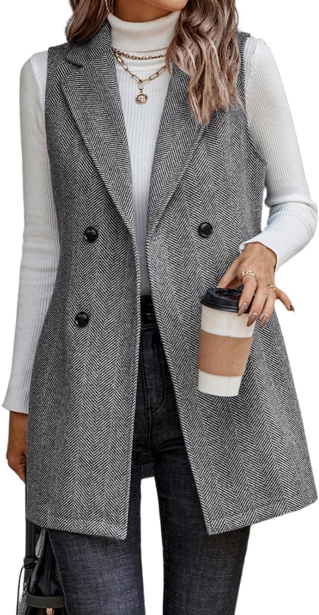 Juankrynord Damen Ärmellose Tweed Weste mit Revers und Knopfleiste – Lange Herbstjacke, ärmellose Anzugjacke