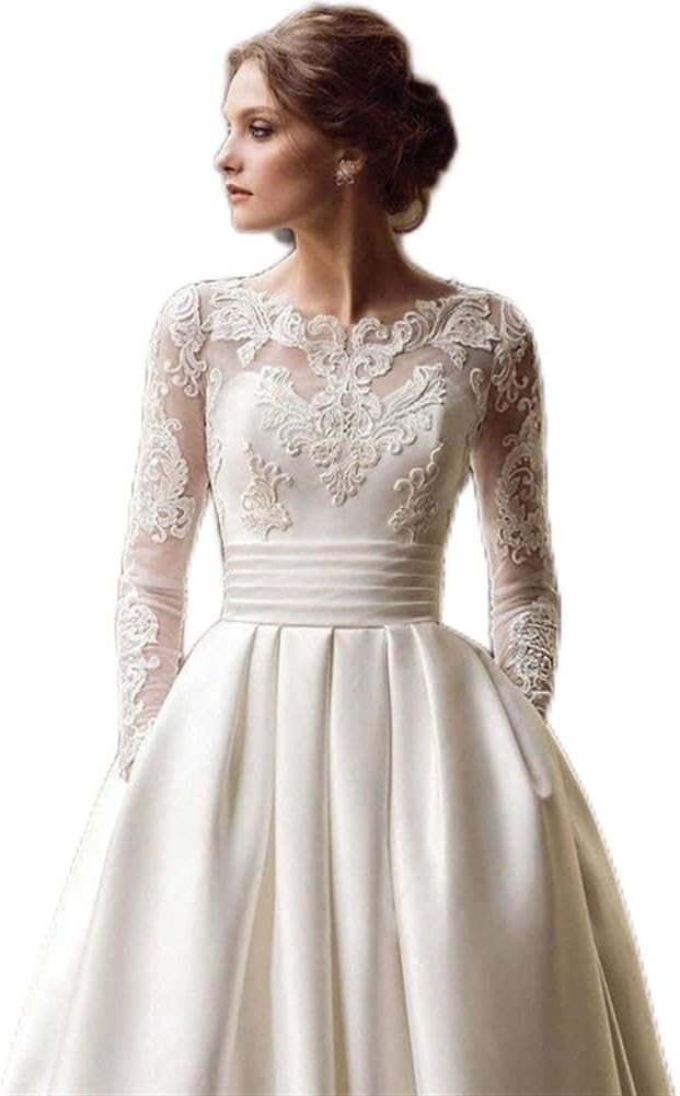 Juli Langarm Hochzeitskleid in A-Linie aus Satin mit Zug, Weiß/Elfenbein, mit Spitzenapplikationen (Weiß 20W), Elfenbein, Größe 4