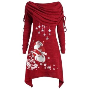 Kanpola Damen Weihnachtspullover Kleid - Asymmetrisches Sweatshirt im Winterstil mit langem Arm und Knielänge, dekoriert mit Weihnachtsmann-Muster für festliche Anlässe